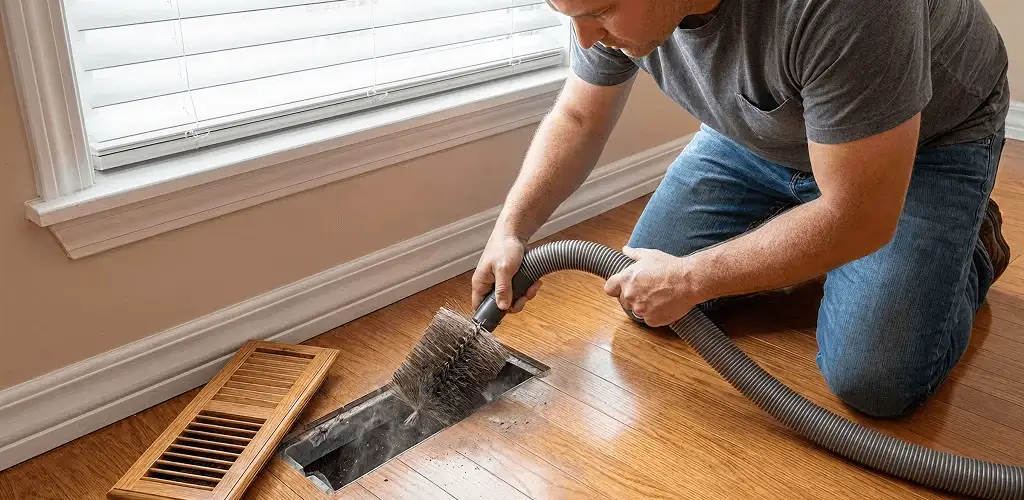Air duct cleaning technician vacuuming a floor vent and duct opening in Nashua, NH
