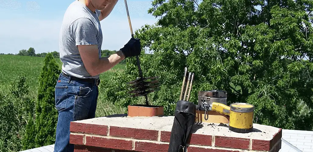 Chimney cleaning technician working on a rooftop chimney with professional tools in Nashua, NH