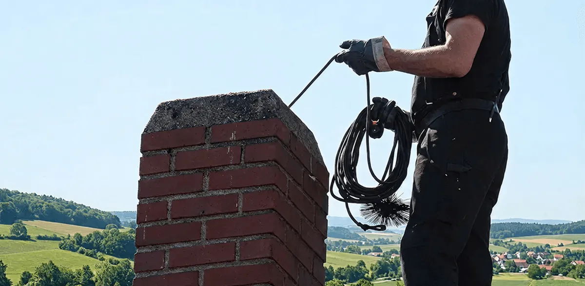 Chimney sweep inspecting and cleaning a rooftop chimney in Nashua, NH