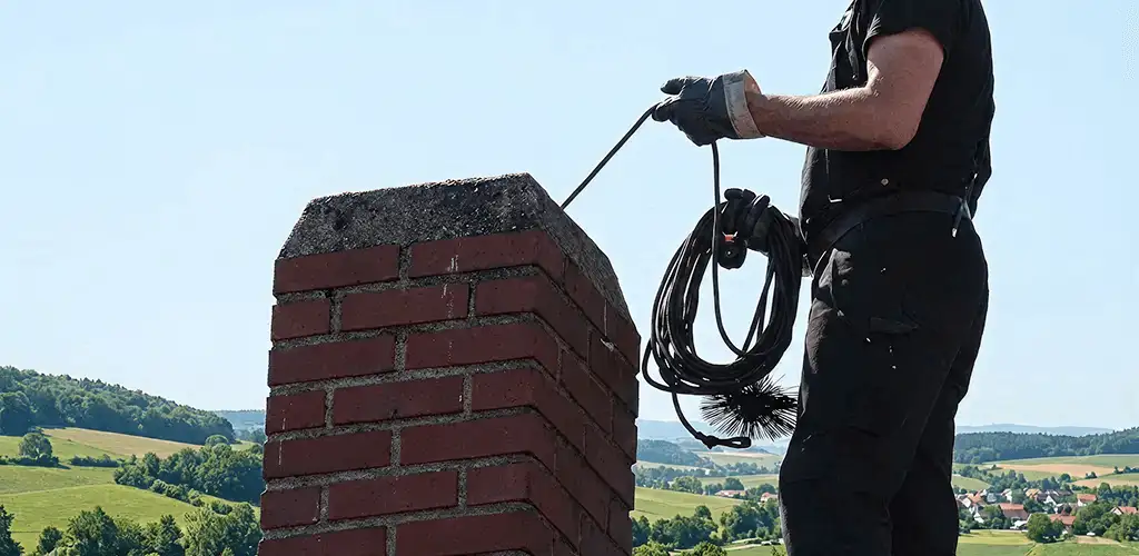 Chimney sweep inspecting and cleaning a rooftop chimney in Nashua, NH