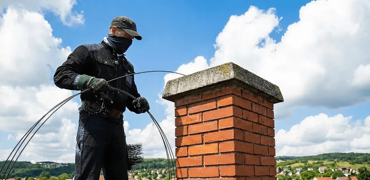 Chimney sweep cleaning a brick chimney with professional tools in Nashua, NH