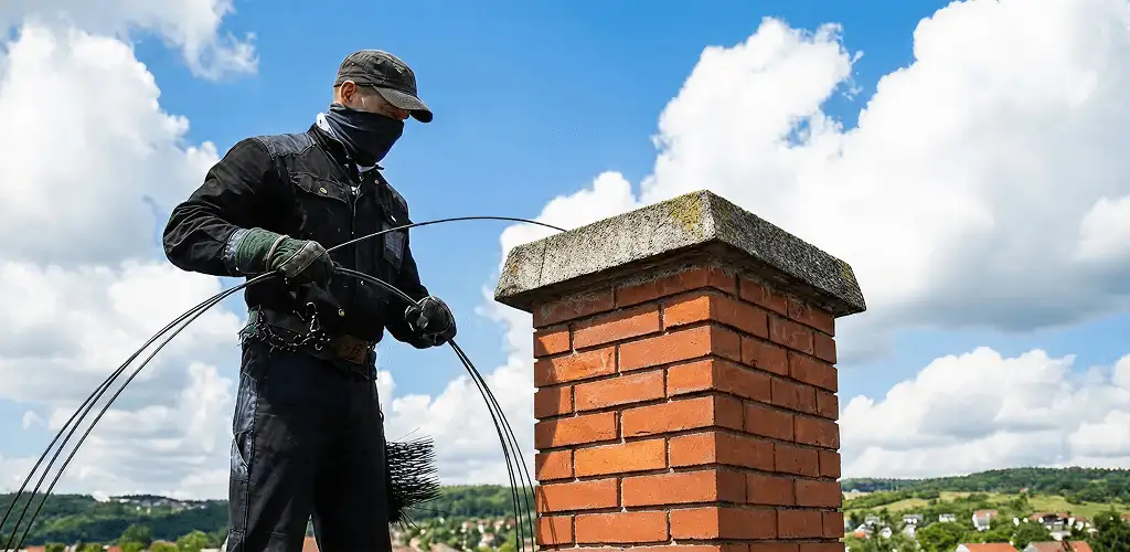 Chimney sweep cleaning a brick chimney with professional tools in Nashua, NH