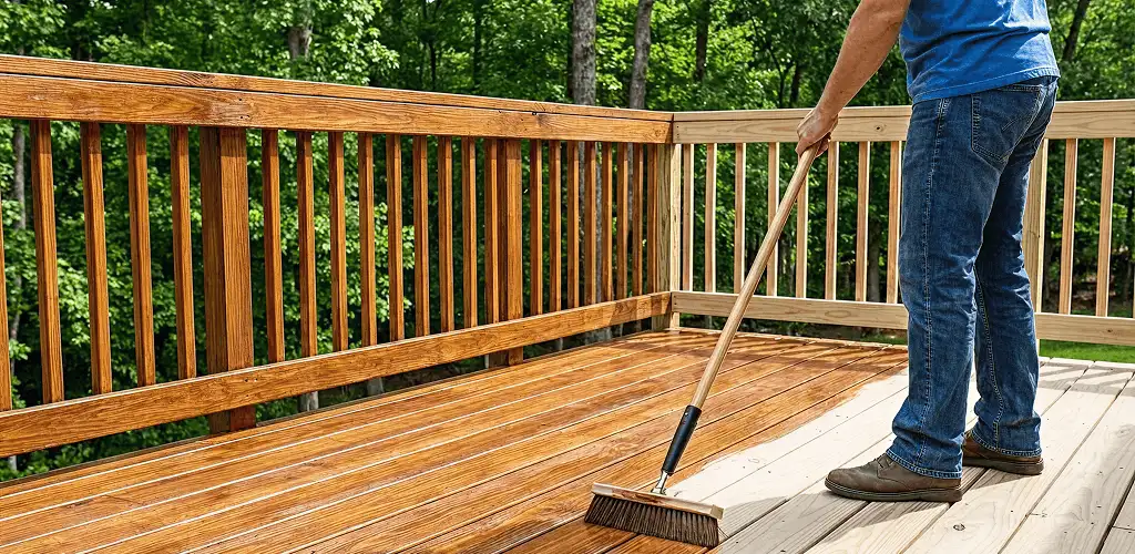 Deck staining and sealing application on a wood deck in Nashua, NH