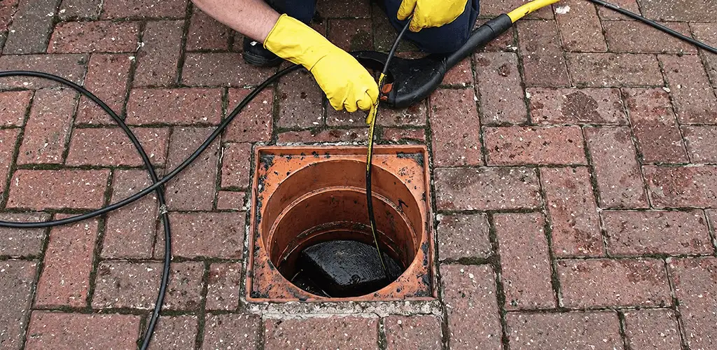 Drain cleaning technician using a drain snake to clear a clogged drain in Nashua, NH