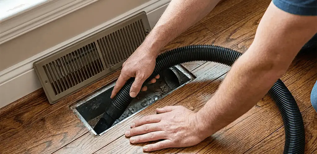 Air duct cleaning technician vacuuming a floor register and duct opening in Nashua, NH