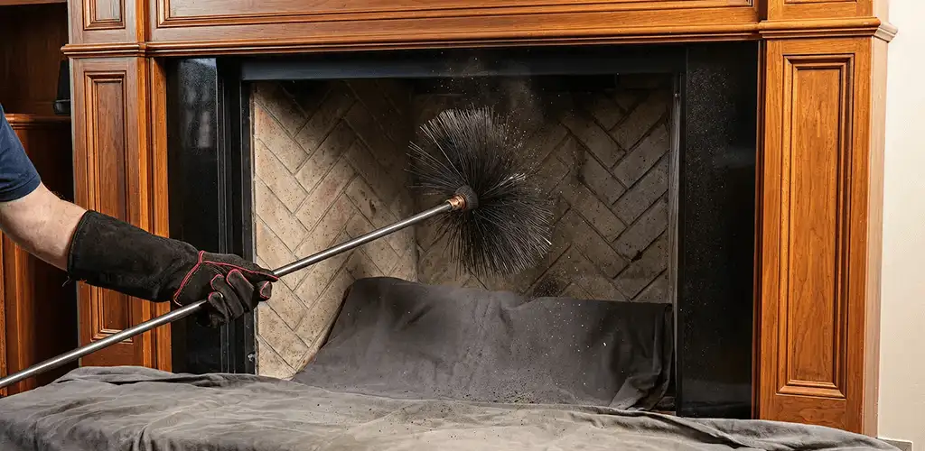 Chimney cleaning service brushing soot from a fireplace and flue in Nashua, NH