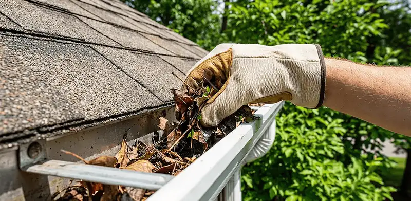 Gutter cleaning removing leaves and debris from roof gutters in Nashua, NH