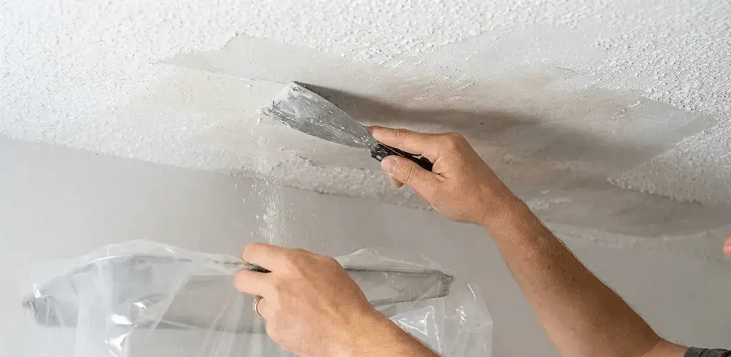 Popcorn ceiling removal technician scraping texture from a ceiling in Nashua, NH