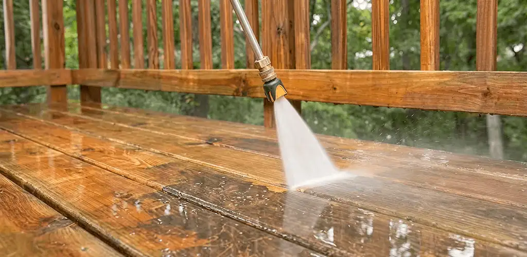 Pressure washing a wood deck to remove dirt and buildup in Nashua, NH