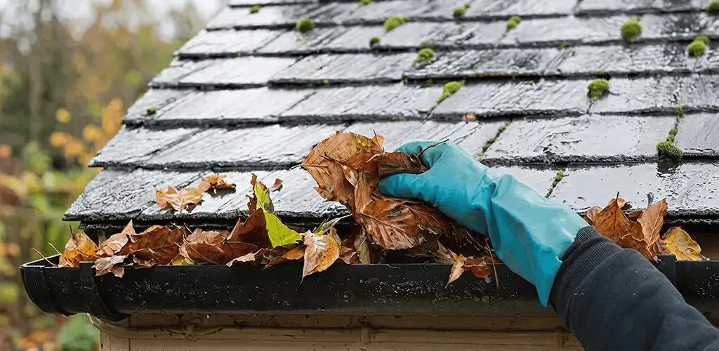Gutter cleaning technician clearing wet leaves from roof gutters in Nashua, NH