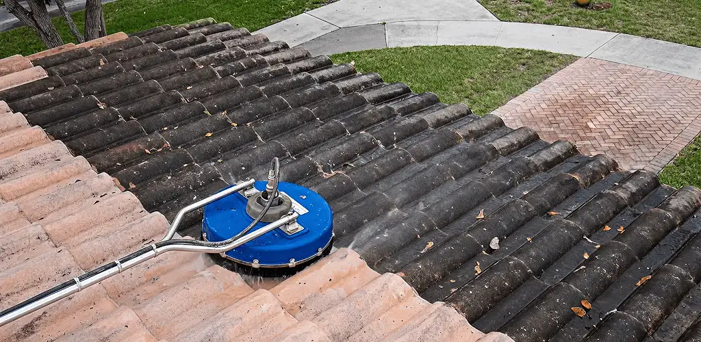 Roof pressure cleaning removing debris and buildup from roof tiles in Nashua, NH