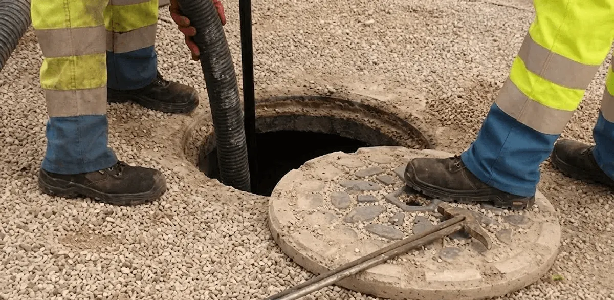 Drain cleaning crew clearing a sewer access point with professional equipment in Nashua, NH