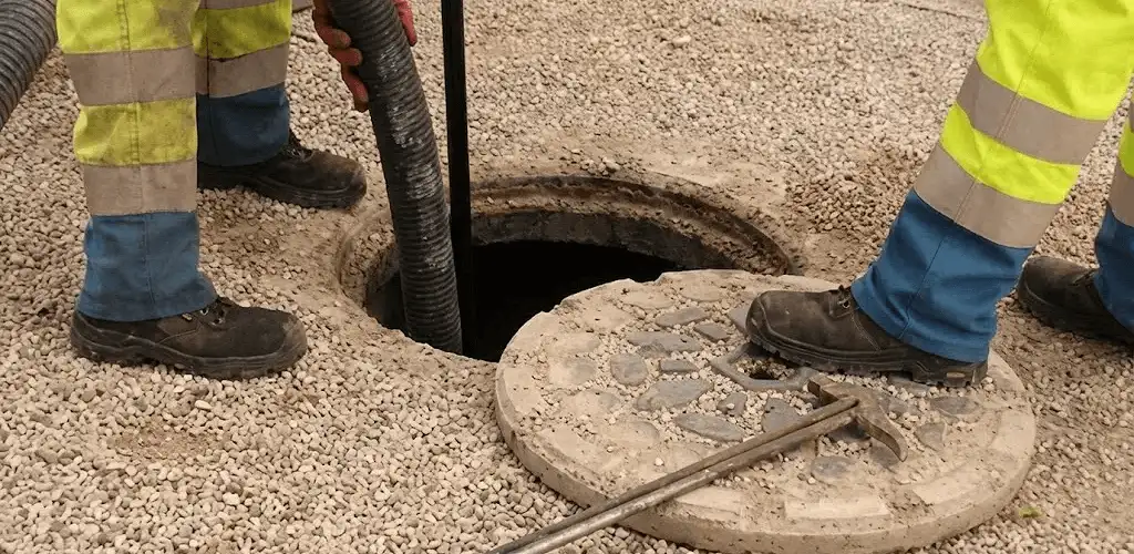 Drain cleaning crew clearing a sewer access point with professional equipment in Nashua, NH