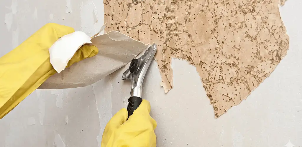 Wallpaper removal service stripping old wallpaper from a wall in Nashua, NH